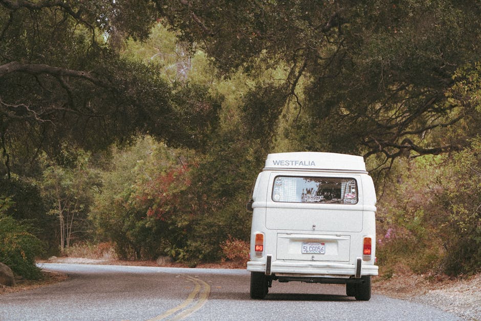 Retro Westfalia van driving through a wooded area featuring winding roads and lush greenery.