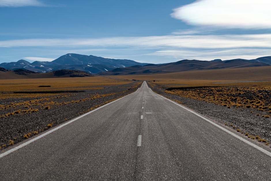 A wide, open highway stretches towards distant mountains under a clear blue sky.