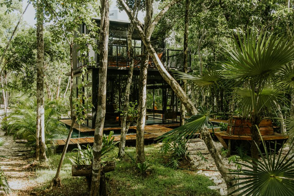 A contemporary treehouse surrounded by dense, green forest with wooden pathways.